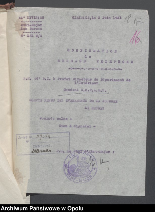 Obraz 20 z jednostki "Entrees-Pieces emanant des autorites Subordonnees-Evenements /Korespondencja od jednostek podległych w sprawie zdarzenia z miesiąca VI.1921/ 1-25.06.1921"