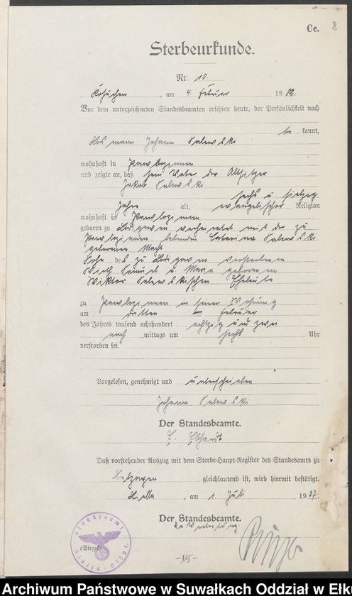image.from.unit.number "Sterbe-Haupt-Register des Königlich Preussischen Standes-Amtes Belzonzen Kreis Johannisburg"