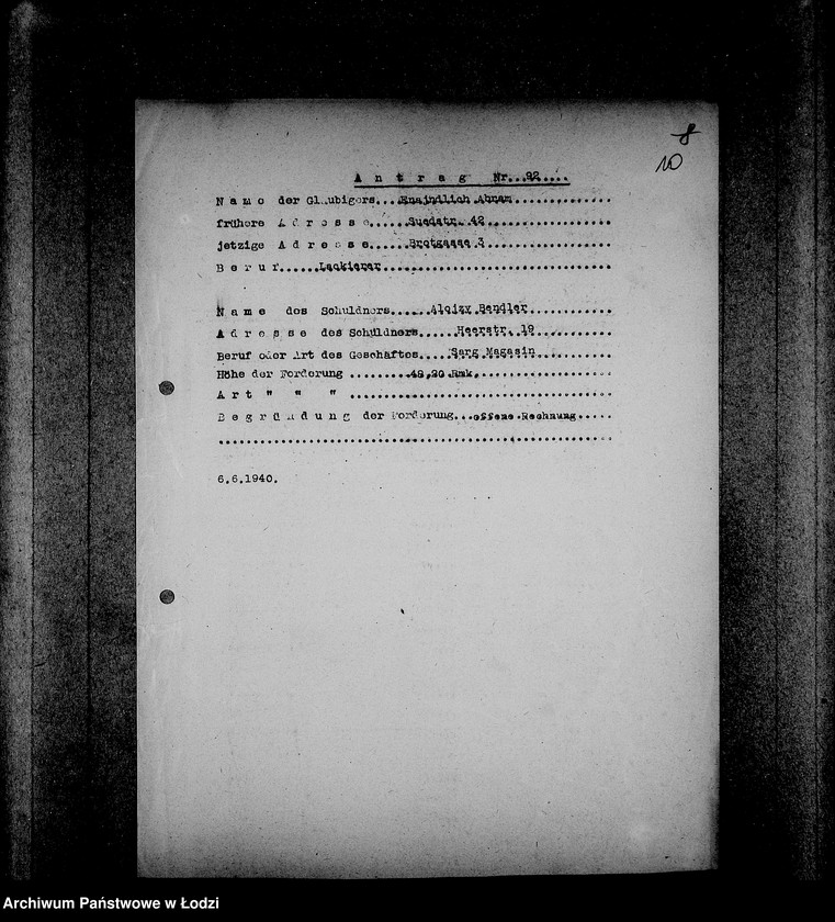 Obraz 14 z jednostki "J-91-105 [Wnioski Żydów w Getcie o zwrot długów za wzięty na kredyt towar przez kupujących]"