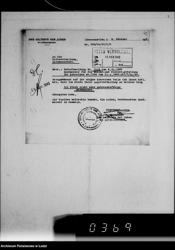 Obraz 8 z jednostki "[Korespondencja Przełożonego Starszeństwa Żydów w Getcie w sprawach przydziału maszyn i urządzeń oraz półfabrykatów do produkcji]"