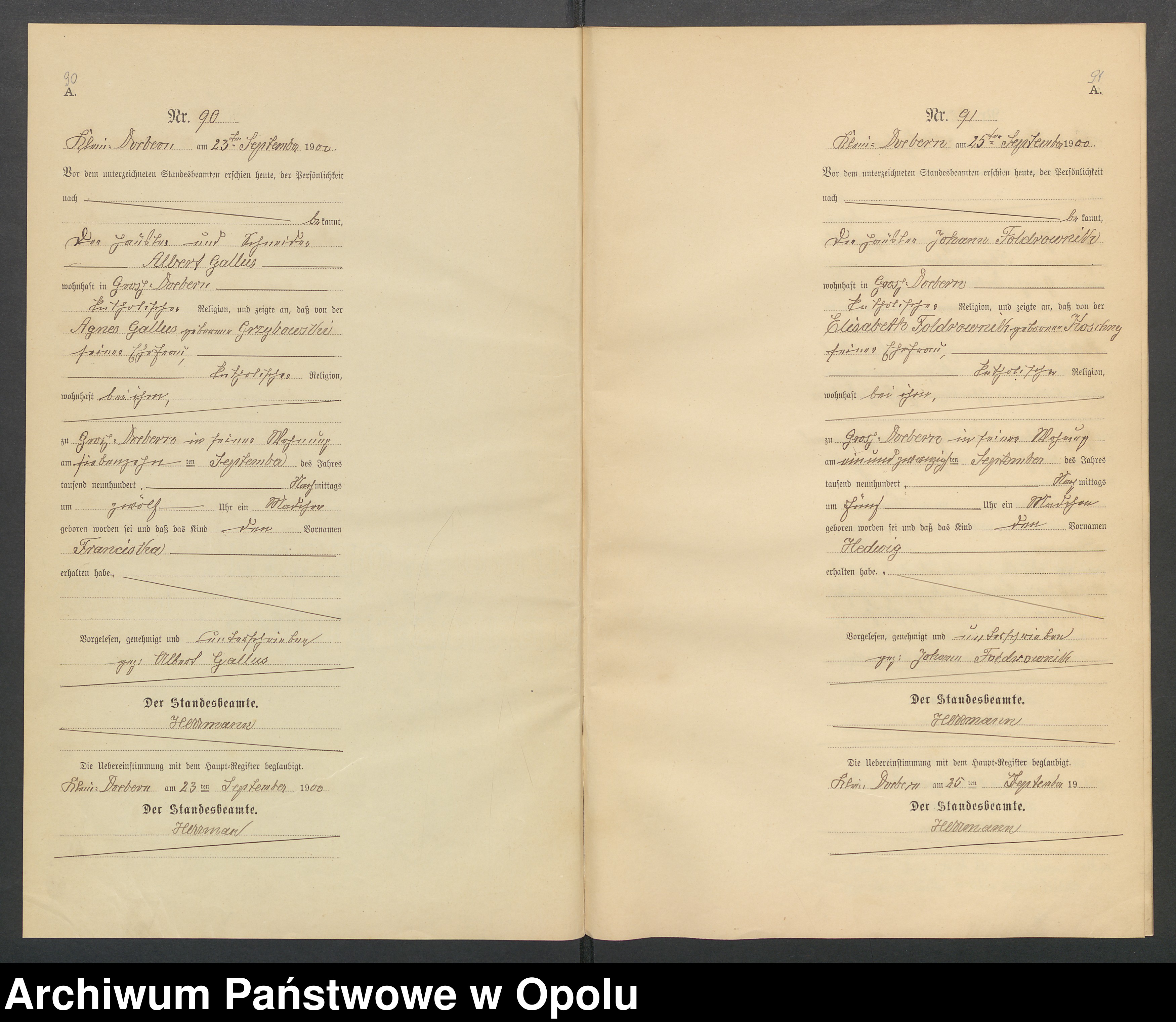Skan z jednostki: Księga Aktów Urodzeń Dobrzeń Wielki (Wtóropis) Rok 1900