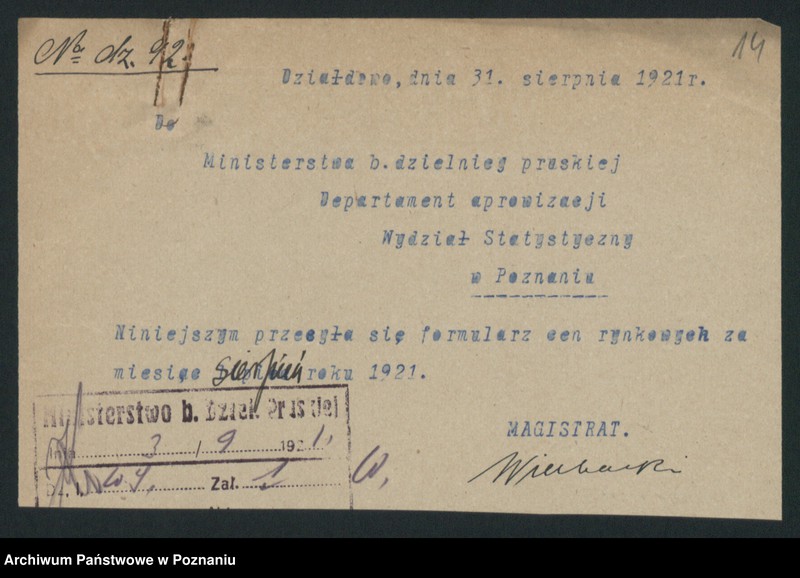 Obraz 13 z jednostki "[Wykazy cen rynkowych na artykuły spożywcze w poszczególnych miastach Województwa Pomorskiego za miesiąc sierpień 1921 roku]"