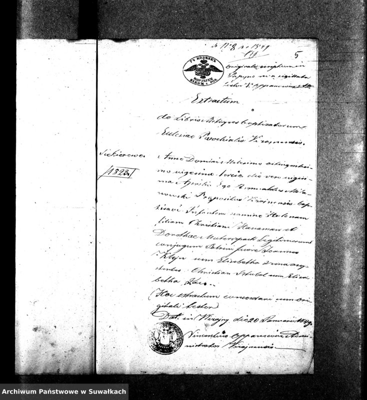 image.from.unit.number "Dowody do aktów małżeństw Parafii Ewangelickiey Wiżayny z roku 1849."