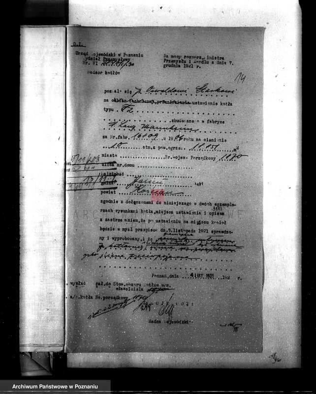 Obraz 18 z jednostki "Młyn parowy w Jasieniu pow. kościański własność O. Starke nadzór nad kotłami parowymi"