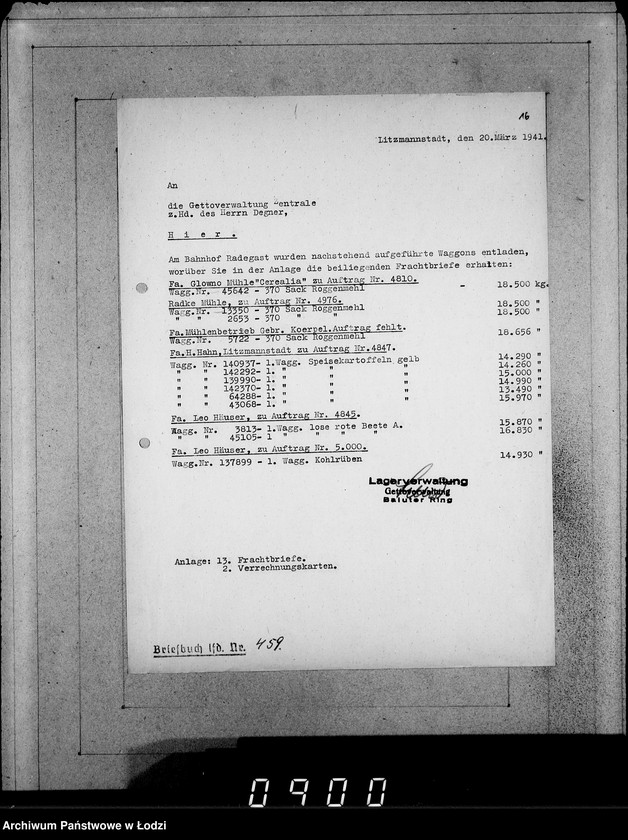 Obraz 20 z jednostki "Ablage [Korespondencja dostawców do Getta dot.wagonowych przesyłek produktów żywnościowych, opału do stacji Radogoszcz]"