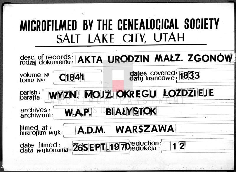 image.from.unit.number "Duplikat Urzędnika Stanu Cywilnego Parafii Żydowskich z Lejpun, Wejsiej i Łoździej Okręgu Łoździejskiego Urodzonych, Zaślubionych i Umarłych z roku 1833"