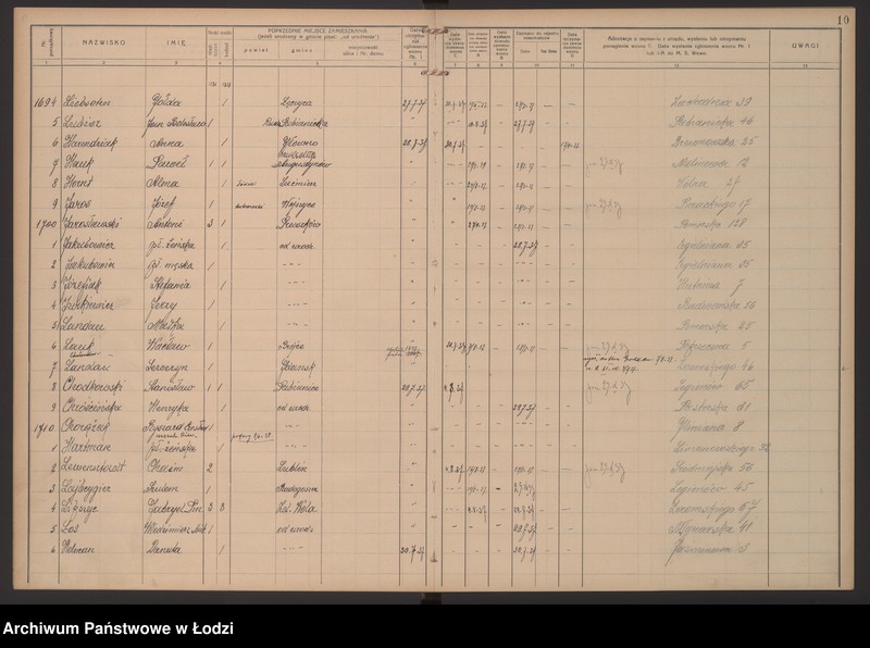 Obraz 13 z jednostki "Księga kontroli ruchu ludności (rejestr osób przybywających do gminy) Łódź, zespół III lit. H, I, J, L, Ł"