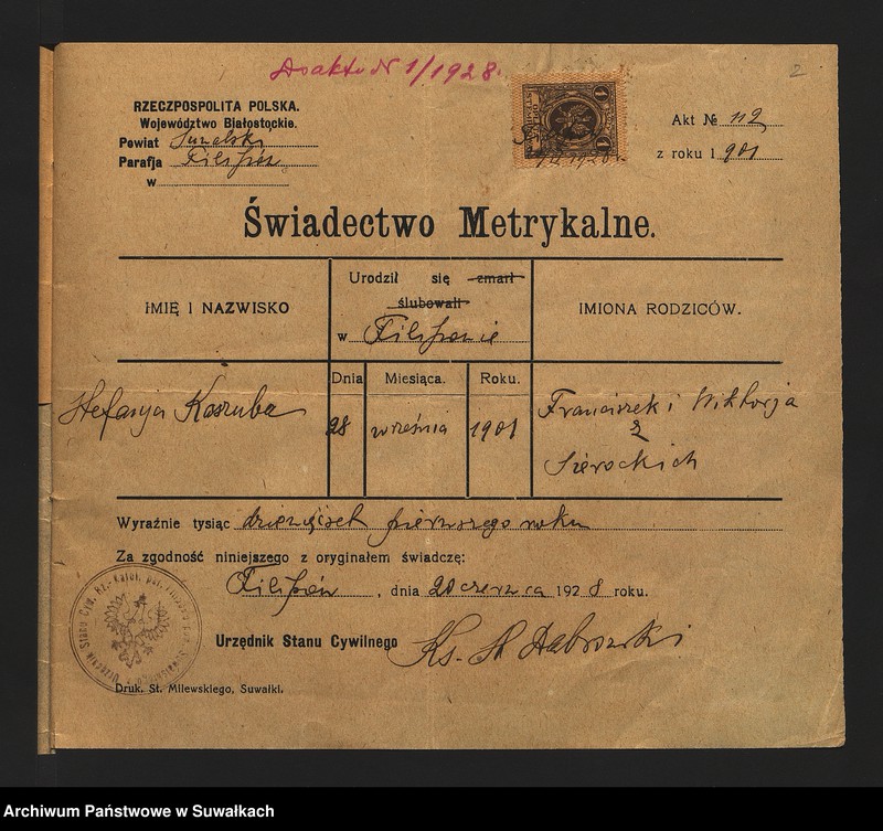 image.from.unit "Dokumenty do dublikatów z roku 1928, 1932 i 1933 parafji marjawickiej w Filipowie"