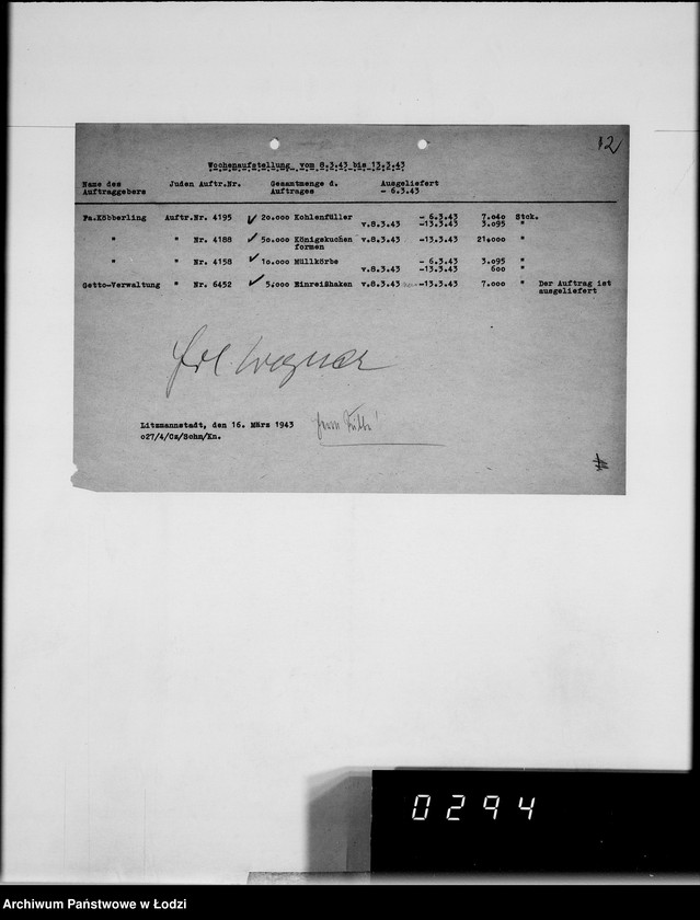 Obraz 16 z jednostki "Wochenberichte der Abteilungen.[Zestawienia zamówień i dostaw]"