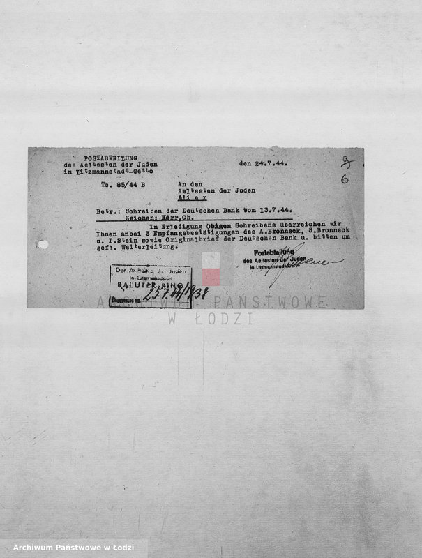 Obraz 9 z jednostki "Banken [Korespondencja PSŻ z GV i bankami niemieckimi w sprawie przekazów pieniężnych dla ludności getta]"