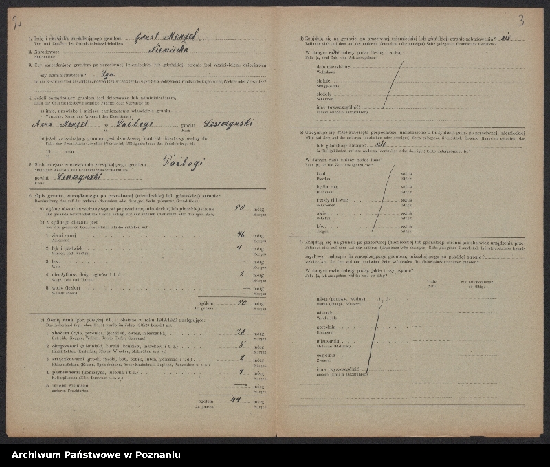 Obraz 4 z jednostki "[Kwestionariusze dotyczące stwierdzenia gruntów znajdujących się po niemieckiej stronie pogranicza a zarządzanych przez zamieszkałych po stronie polskiej] powiat leszczyński"