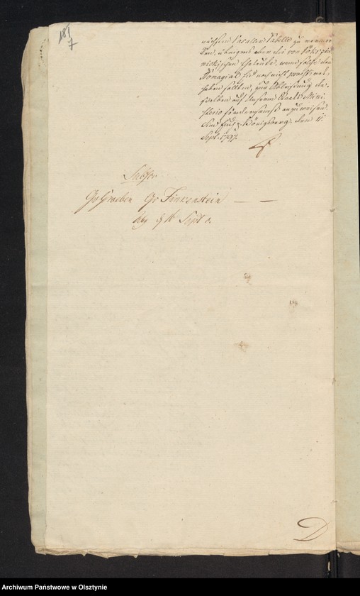 image.from.unit.number "In S. [Sache] der Pfandsbesitzern Johann v. [von] Pokrzywnicki und deßen Ehegathin Caroline Eleonore geboren von Zabienski wegen des zum alleinigen Eigenthum an sie abgetretenen Antheils F im adl. [adeliche] Allodial Gut Lomnau [Łomno] Haupt Amts Neidenburg [Nidzica] bestehend aus 1 Hube 11 Morgen 15 R. [Rute]"