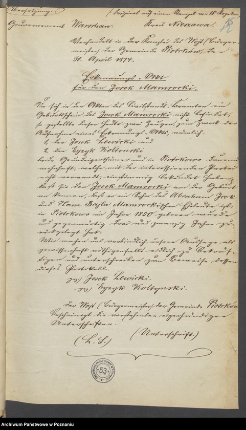 Obraz 17 z jednostki "Die von den Verlobten beigebrachten Urkunden zur Eheschliessung pro 1875"
