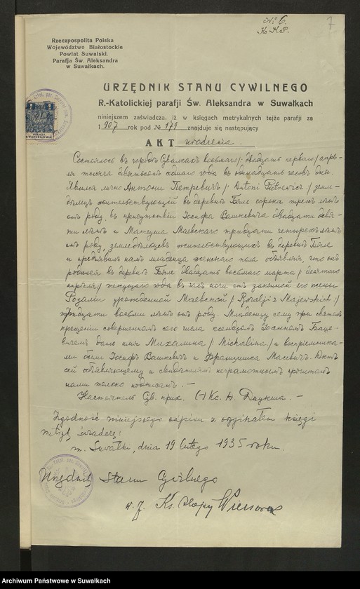 image.from.unit.number "Aneksa [do akt małżeństw] parafji Podżylińskiej za rok 1935"