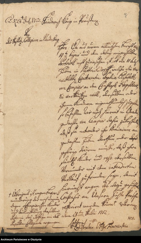 image.from.unit.number "In S. [Sachen] der verwittibten Lieutenantin Sophia Elisabeth von Campier. Den Verkauff ihrer 10 Adelichen Huben in Dietrichsdorff [Wietrzychowo] an den Christoph von Naguschewski"