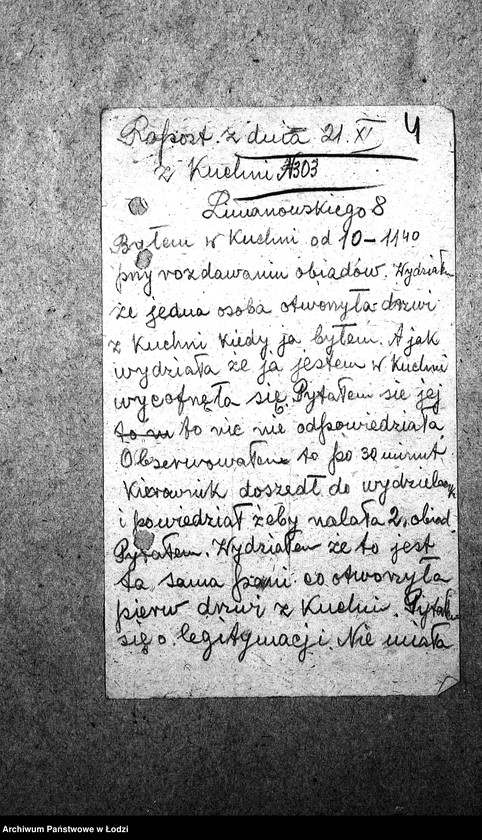 Obraz 7 z jednostki "[Kuchnia nr 303, ul. Limanowskiego 8. Kuchnia, ul. Limanowskigo 22. Kuchnia nr 305, ul. Limanowskiego 26. Kuchnia nr 341, ul. Limanowskiego 28. Działalność kuchni, personel, konsumenci, kontrole]"