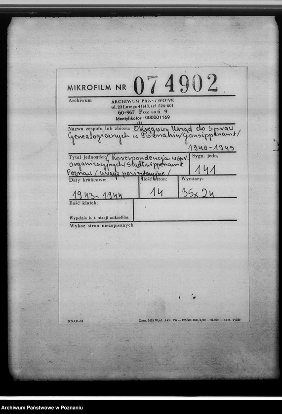 Obraz 2 z jednostki "[Korespondencja w sprawach organizacyjnych, uwagi powizytacyjne], Stadtsippenamt Posen [Poznań]"