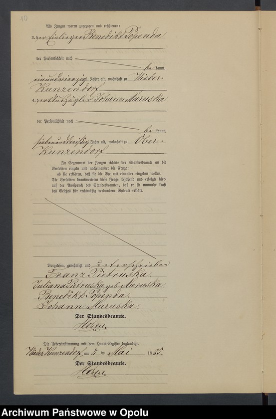Obraz 14 z jednostki "Heiraths-Neben-Register Standesamts Kunzendorf pro 1885"