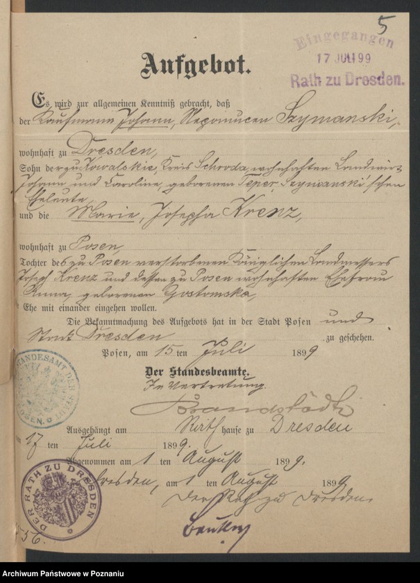 Obraz 7 z jednostki "Die von den Verlobten beigebrachten Urkunden zur Eheschliessung pro 1899"