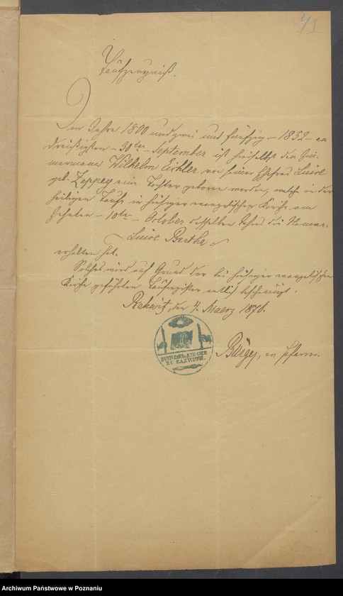 Obraz 9 z jednostki "Die von den Verlobten beigebrachten Urkunden zur Eheschliessung pro 1876"