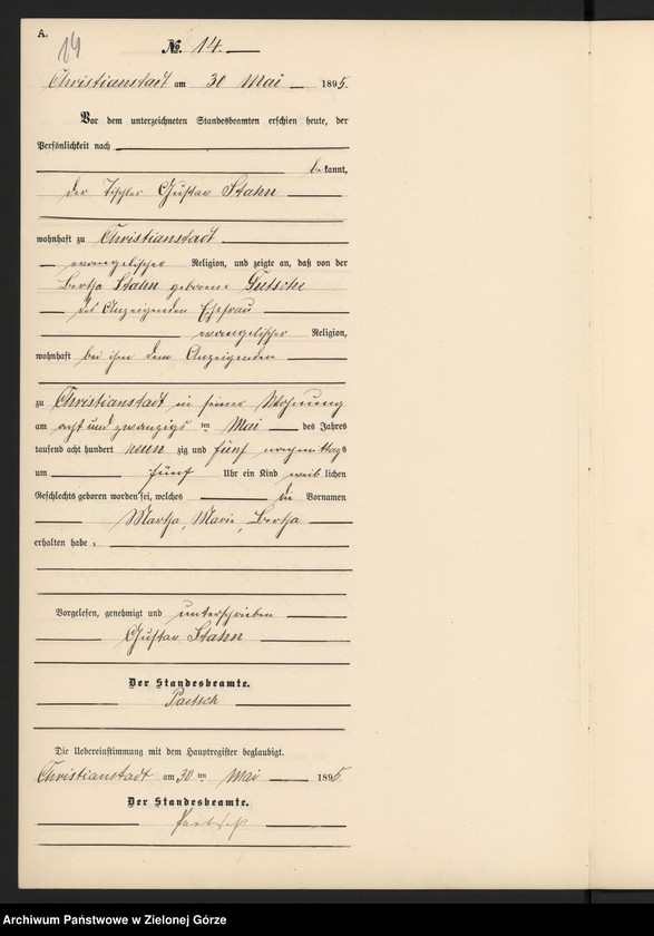 Obraz 17 z jednostki "Geburts-Neben-Register im Standes-Amt Christianstadt Kreis Sorau 1895"