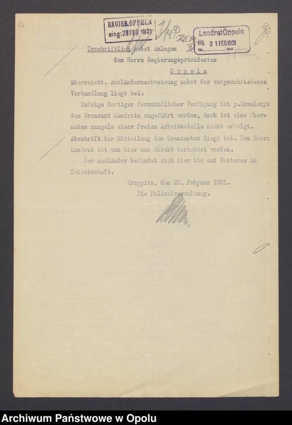 Obraz 12 z jednostki "[Zezwolenie na pobyt - dezerter Johann Kowalczyk, ur. 4. 08. 1908 w Oświęcimiu]"