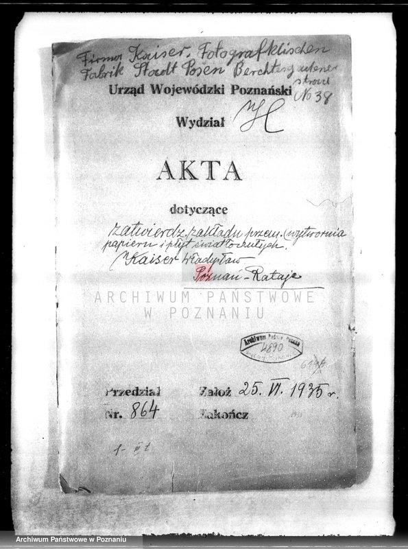 image.from.unit.number "Zatwierdzenie zakładu przemysłowego /wytwórni papirusu i płyt światłoczułych/ własność Kaiser Poznań Rataje"