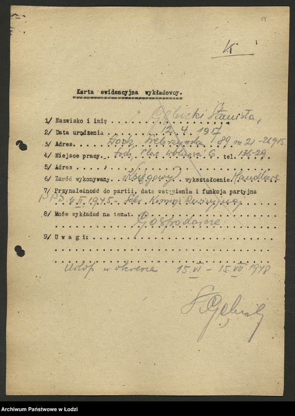 Obraz 15 z jednostki "Karty ewidencyjne wykładowców szkoły partyjnej /A-Z/"