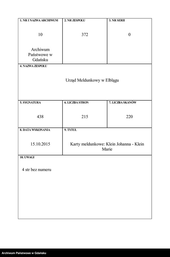 image.from.unit.number "Karty meldunkowe: Klein Johanna - Klein Marie"