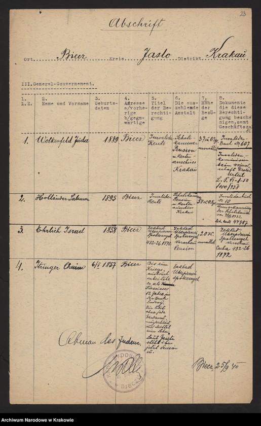 image.from.unit.number "Kwestionariusze Żydów z miejscowości: Baligród /30 IX 1940/, Baranów Sandomierski, Bieżanów, Biecz /25 i 29 IX 1940/, Błażowa, Bobowa /23 IX 1940/, Bochnia /15 XI 1940/, Boratyń /12 X 1940/, Borek Fałęcki /7 XI 1940/, Brzesko, Brzostek, Czudec."