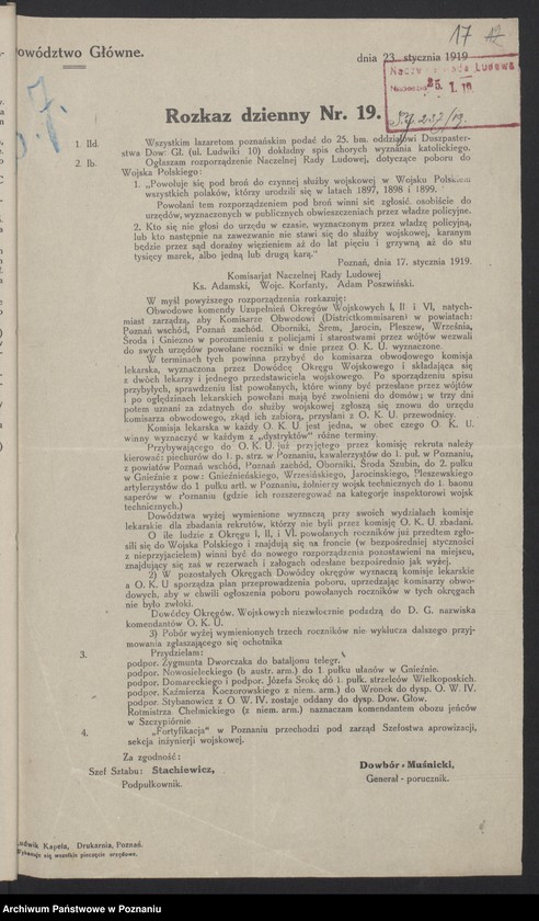 Obraz 19 z jednostki "/Rozkazy dzienne Dowództwa Głównego Sił Zbrojnych w byłym zaborze pruskim/, do nr 100."