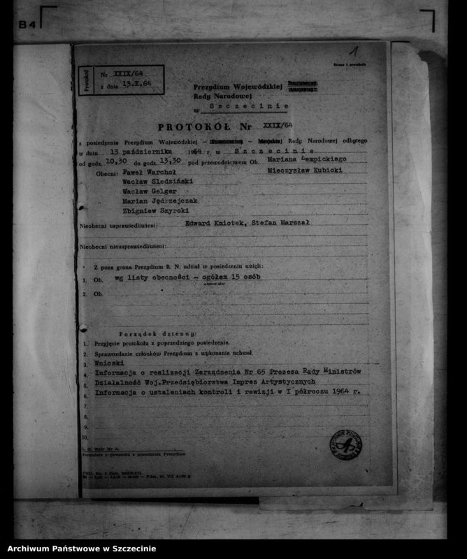 image.from.unit.number "Protokół posiedzenia Prezydium Wojewódzkiej Rady Narodowej nr 29, miesiąc październik"