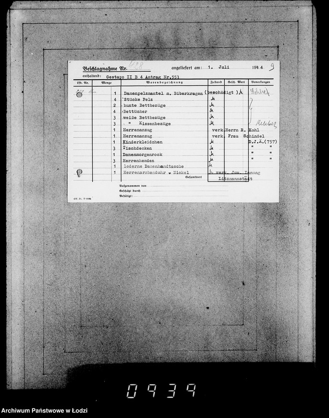 Obraz 13 z jednostki "Gestapo Kulmhof Leslau 400-436 [Kartoteka skonfiskowanego majątku ruchomego u Żydów]"