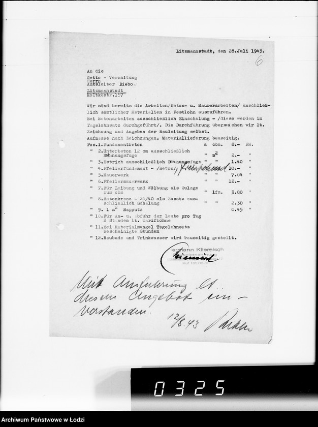 Obraz 10 z jednostki "Fa.Kliemisch.Werkhalle & Baluter-Schlahthof [rachunki za dostawy towarów dla Getta]"