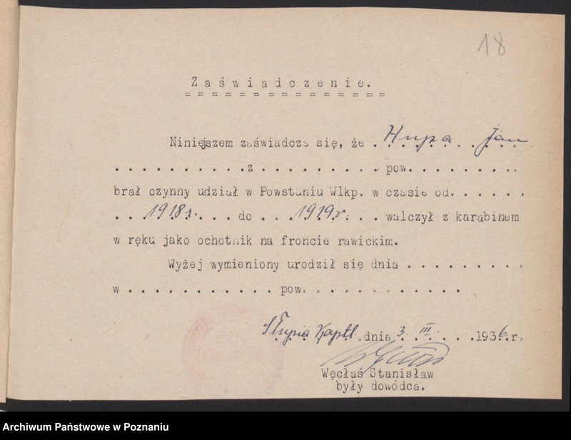 Obraz 20 z jednostki "Słupia Kapitulna, powiat Rawicz - indywidualne zaświadczenia o uczestnictwie w powstaniu."