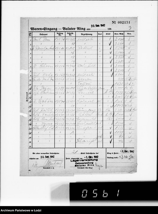 Obraz 7 z jednostki "[Dzienne zestawienia produktów żywnościowych i innych dostarczanych do składów Getta na Bałuckim Rynku]"