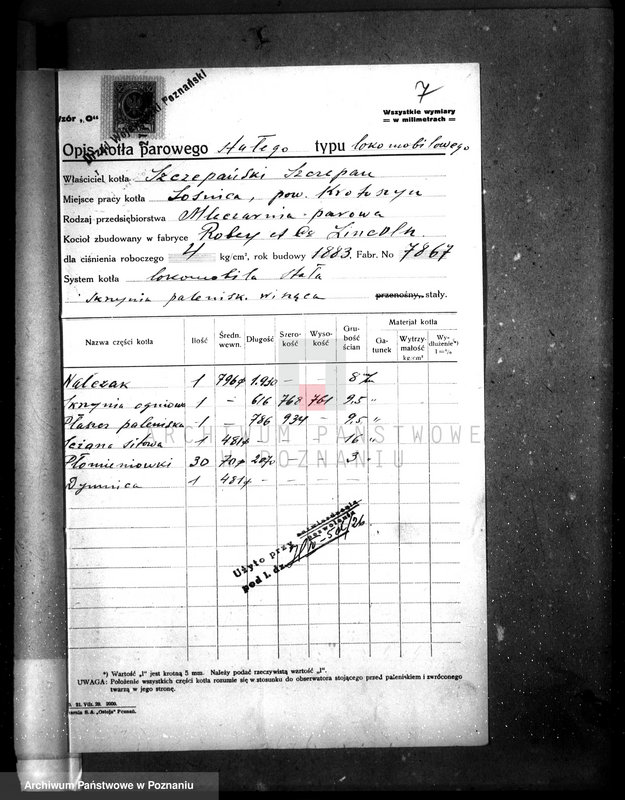 Obraz 11 z jednostki "Mleczarnia parowa w Sośnicy pow. krotoszyński Szczepan Szczepański nr woj. kotła"