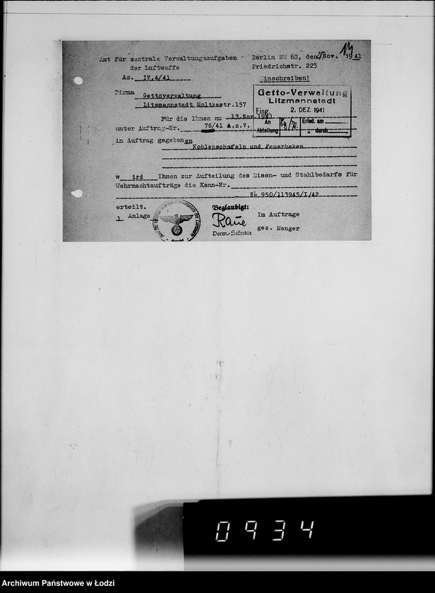 Obraz 16 z jednostki "Amt für Vewaltungsaufgaben der Luftwaffe Kriegsauftrag 49/41 A.z.V.100 Kohlenschaufeln. 200 Feuerhaken"