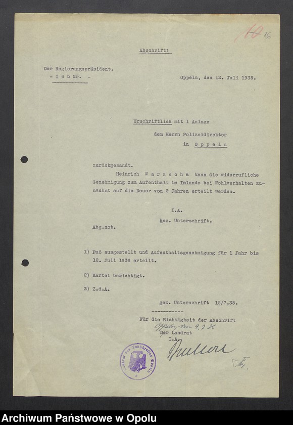 Obraz 18 z jednostki "[Zezwolenie na pobyt - Heinrich Warzecha, ur. 13. 07. 1906 Kudoba pow. oleski]"