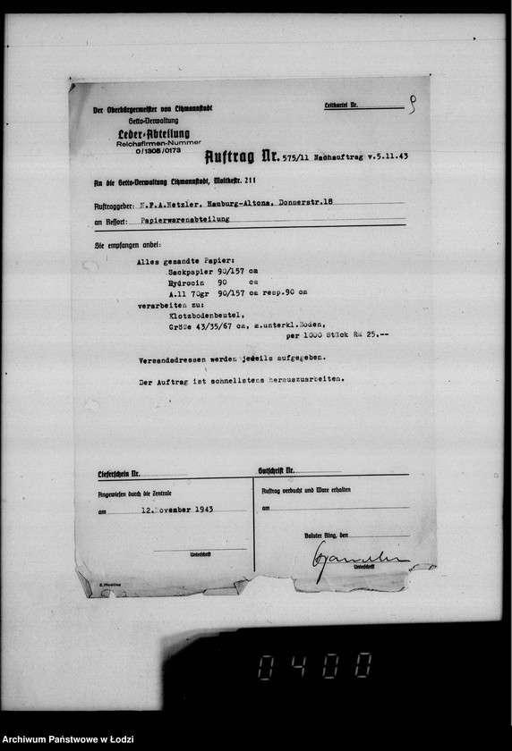 Obraz 13 z jednostki "F-ma N.F.A.Netzler-Hamburg Papierbeutel. Auftrag 11"