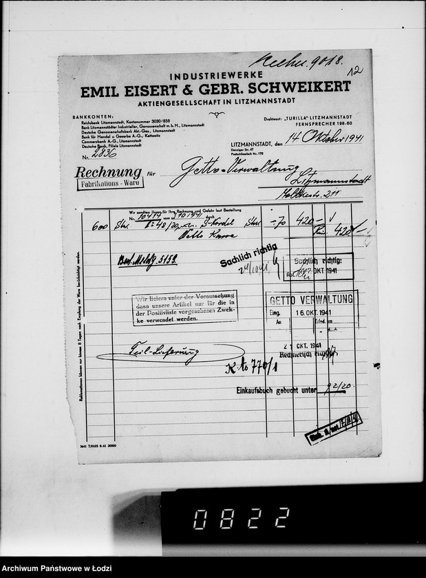 Obraz 16 z jednostki "E. Rechnungen [za dostawy towarów spoza Getta]"