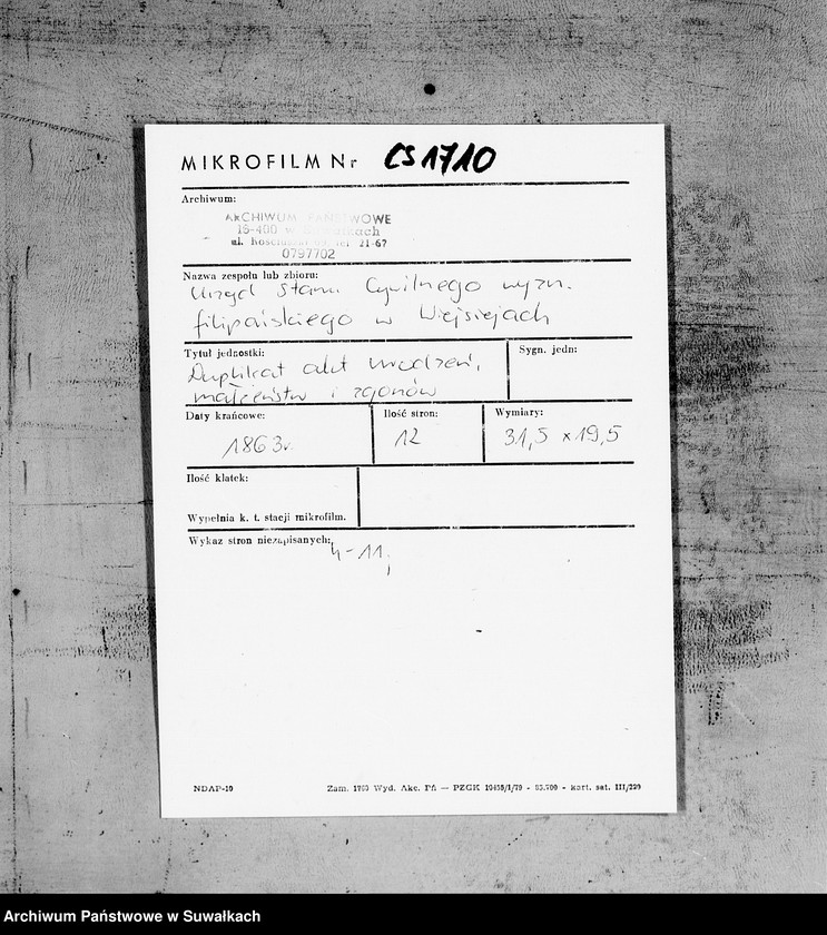 image.from.unit.number "Duplikat Akt Urodzonych, Zaślubionych i Zmarłych Urzędnika Stanu Cywilnego Sekty Filiponów Gminy Wiejsieje pro. 1863"