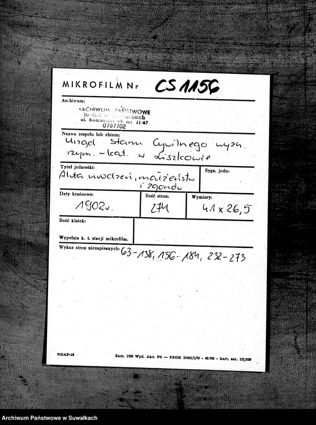 Obraz 2 z jednostki "Duplikat aktov graždnskago sostojanija Liškovskago Rimsko- Katoličeskago Prichoda o roždenij, brakosočetanij i smerti za 1902 god"