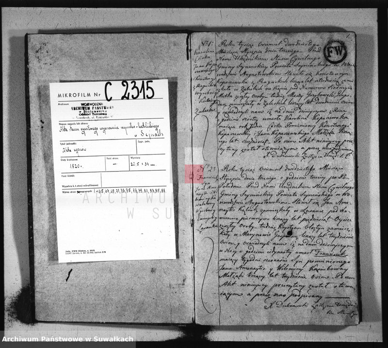 image.from.unit.number "Akta zeszłych stanu cywilnego gminy seyneńskiey od 1-go stycznia 1820 roku."