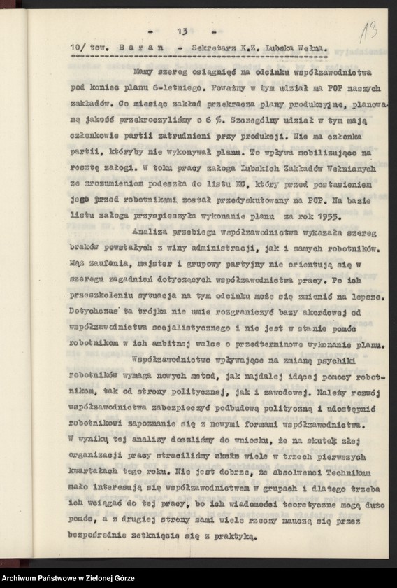 image.from.unit.number "Protokół plenarnego posiedzenia nt.: Wyniki działalności w wojewódzkiej organizacji partyjnej w dziedzinie rozwoju socjalistycznego współzawodnictwa pracy. Załączniki. 13 grudnia 1955 r."