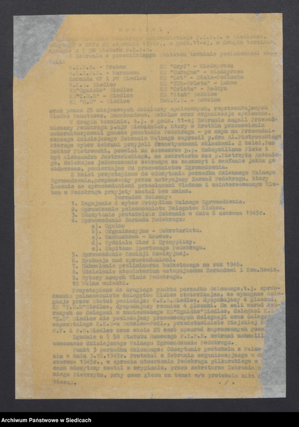Obraz z jednostki "Protokół Walnego Zebrania Autonomicznego Polskiego Związku Piłki Nożnej w Siedlcach 20.01.1946"