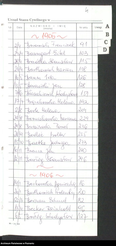 Obraz 5 z jednostki "[Skorowidz alfabetyczny do akt urodzeń za lata 1905-1912]"