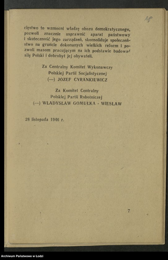 Obraz 20 z jednostki "Przemówienia Władysława Gomułki [oraz] życiorysy [Bolesława Bieruta, Władysława Gomułki, Edwarda Osóbki - Morawskiego i Michała Żymierskiego]"
