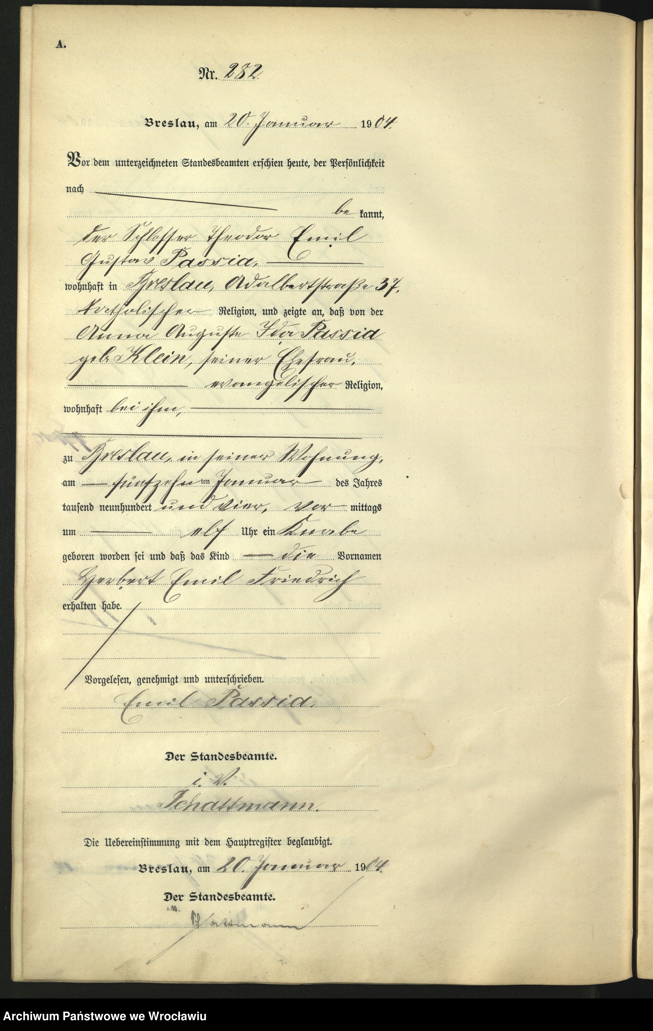 Skan z jednostki: Księga urodzeń Wrocław III 1904 t. 1