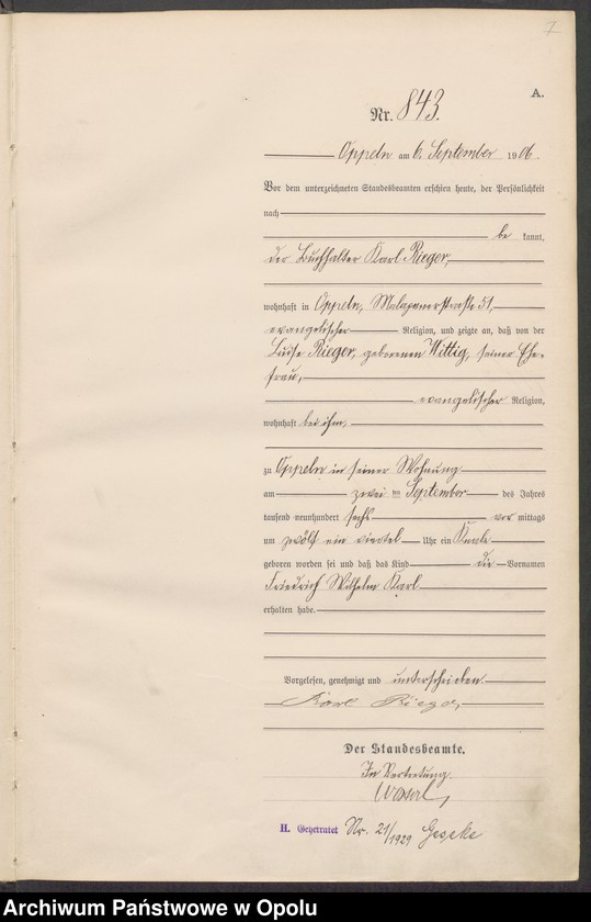 Obraz 11 z jednostki "Urząd Stanu Cywilnego w Opolu 1906 Rejestr Urodzeń miejscowa Nr 838 do 1264"